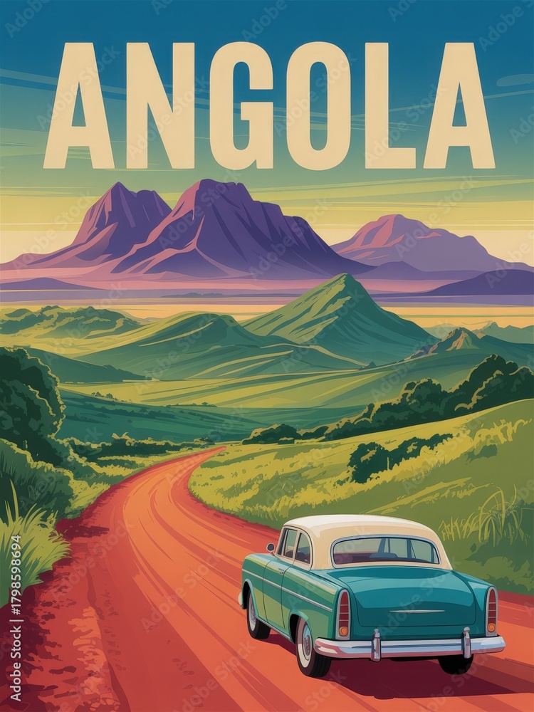 A vintage car drives along a winding dirt road in Angola, framed by lush hills and mountains under a vibrant sky. The landscape showcases the natural beauty of the region, highlighting its charm.