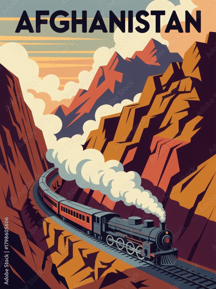A vintage train winds through rugged mountains in Afghanistan, surrounded by colorful landscapes. A plume of smoke rises from the locomotive as the sun sets on the horizon.