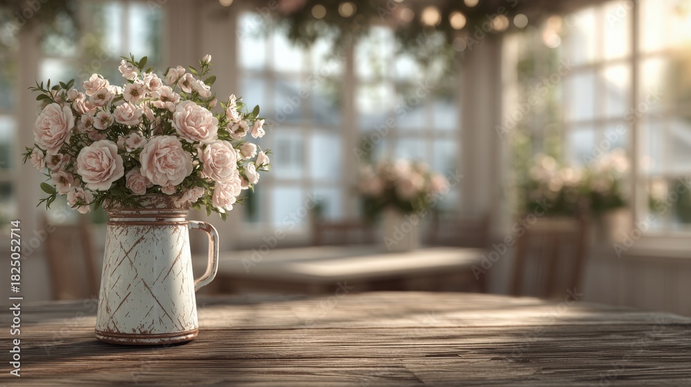 A vintage vase holds a bouquet of soft pastel roses, placed on a rustic wooden table. The warm sunlight filters through the windows, creating a serene and inviting atmosphere.