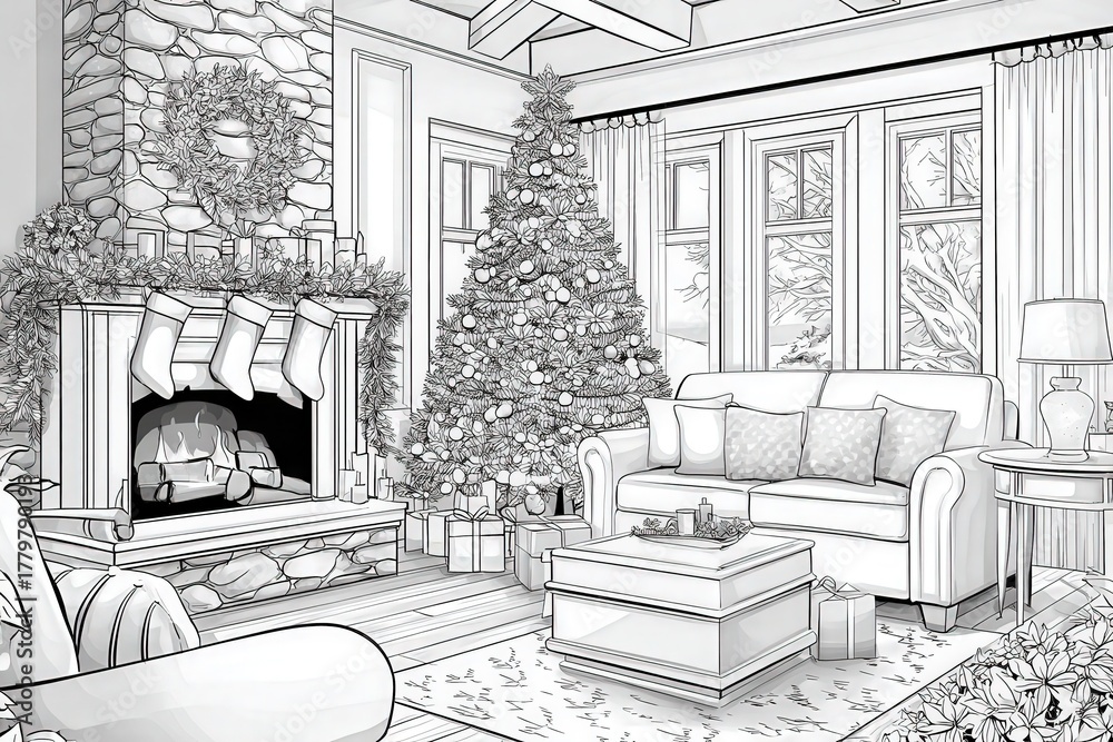 A warm and inviting living room is filled with holiday cheer. A beautifully decorated Christmas tree stands beside a cozy fireplace, adorned with stockings and surrounded by gifts.
