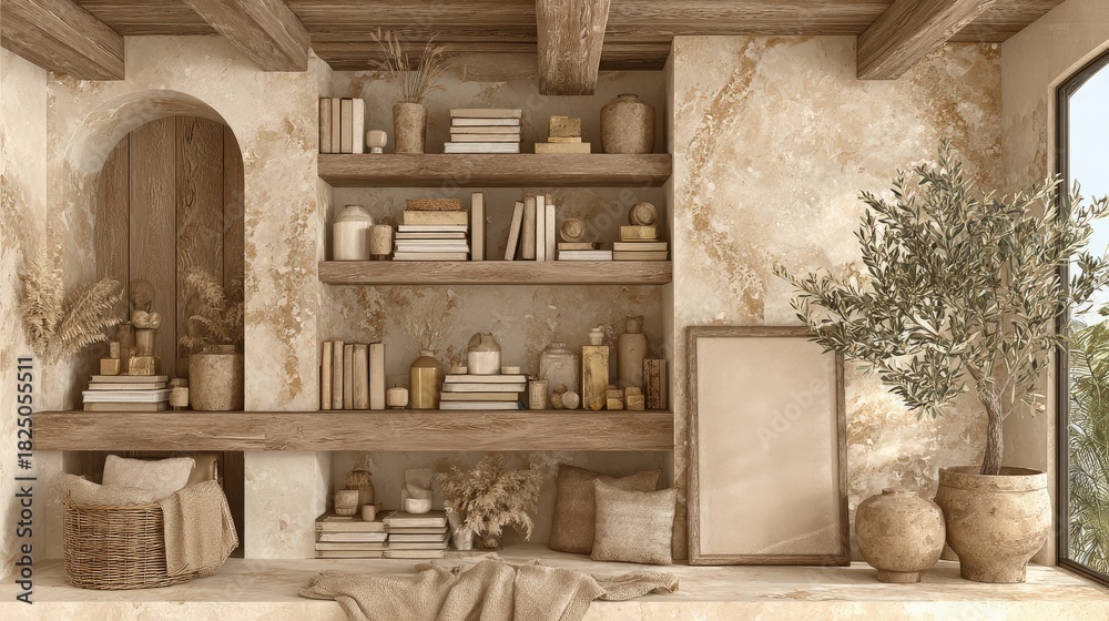A warm and inviting space features wooden shelves filled with books, vases, and decorative items. Soft textures and earthy tones create a calm atmosphere, perfect for relaxation or study.