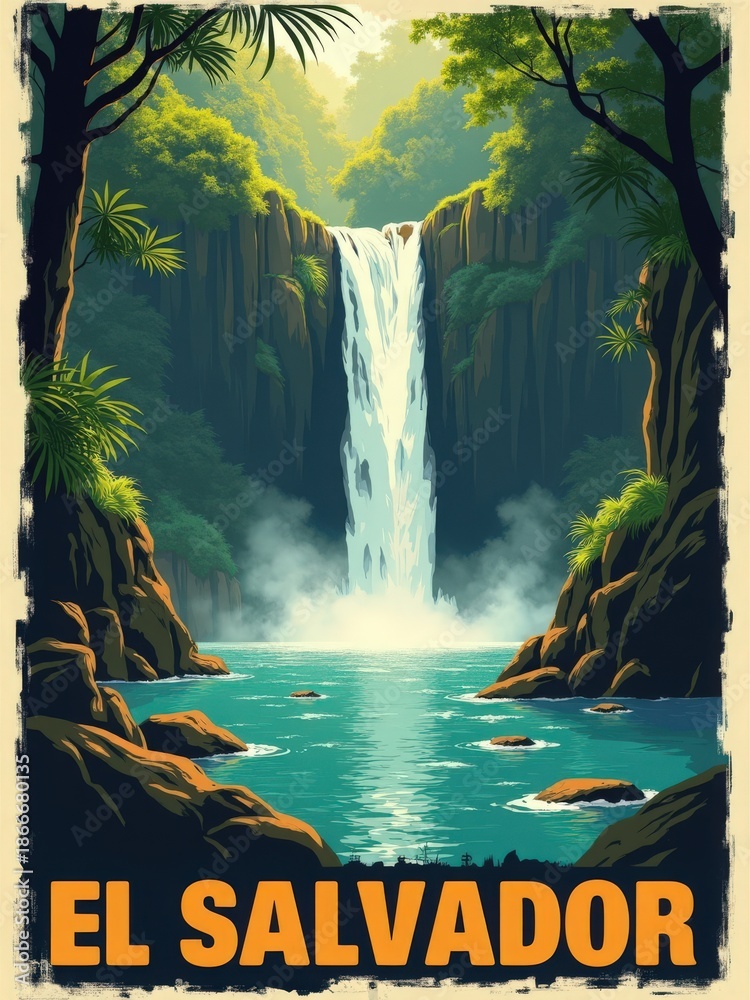 A waterfall cascades down rocky cliffs into a clear blue pool. Surrounding trees and plants create a vibrant scene in El Salvador. Sunlight shines through the foliage, highlighting the scene.