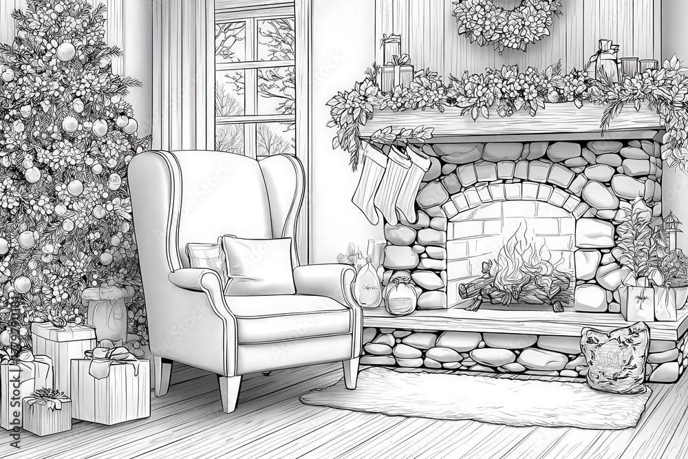A welcoming room features a large Christmas tree adorned with ornaments, wrapped gifts underneath, and stockings hanging by a stone fireplace. A comfortable armchair adds to the festive atmosphere.