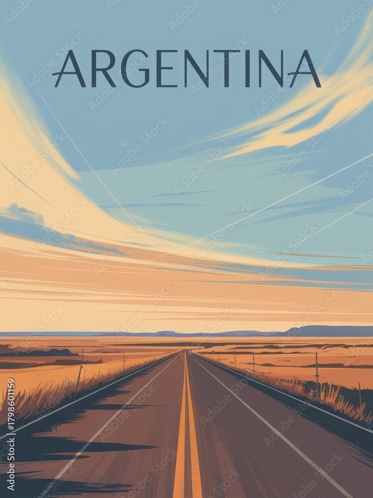 A wide road stretches through the serene landscapes of Argentina. The sky displays vibrant colors as the sun sets, creating a peaceful atmosphere.