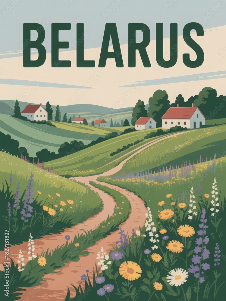 A winding dirt road leads through lush green hills dotted with colorful wildflowers and small houses. The peaceful scenery of Belarus captures the natural beauty and tranquility of rural life.