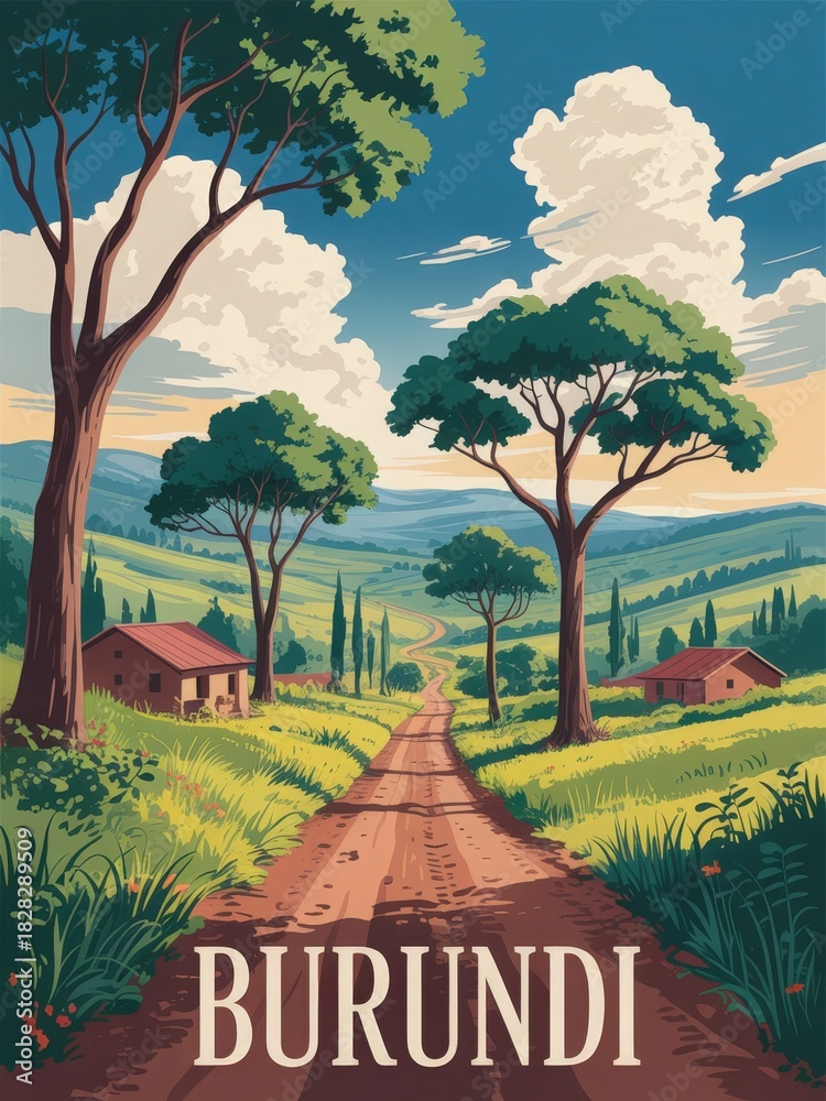 A winding dirt road stretches through vibrant green fields, bordered by trees under a bright blue sky filled with fluffy clouds. Rural houses dot the landscape, showcasing Burundis natural beauty.