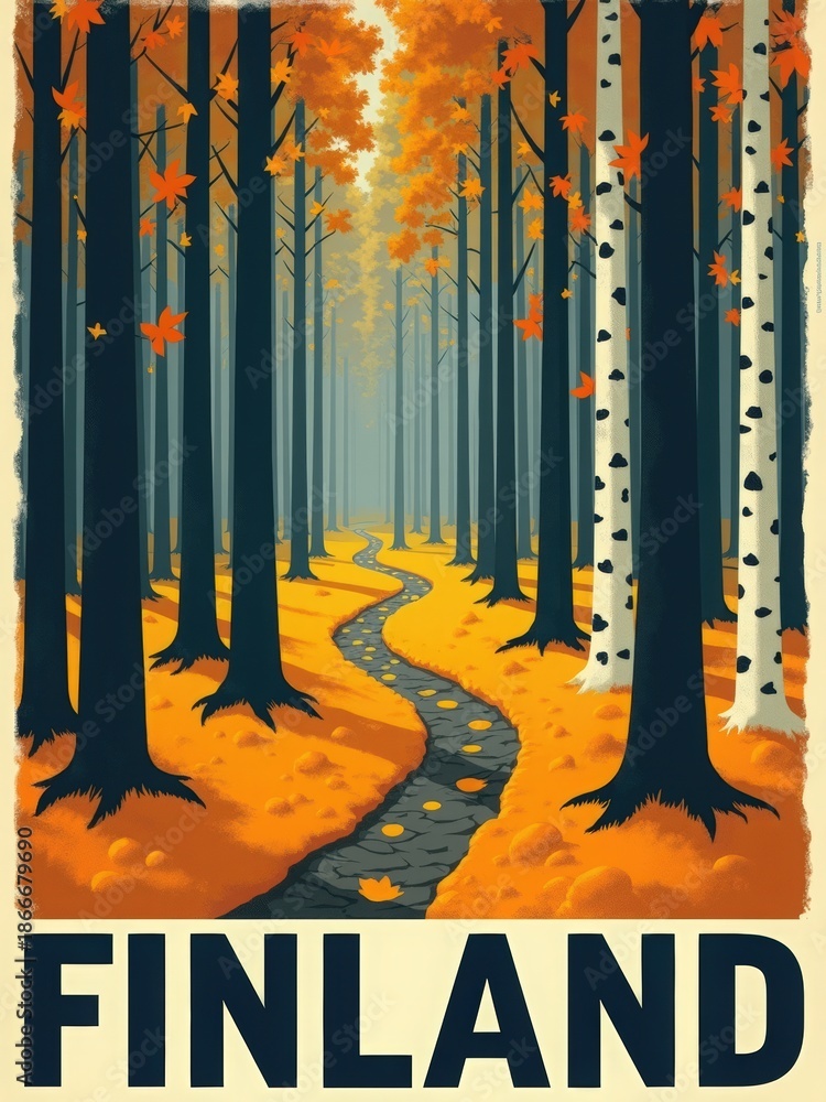 A winding path leads through a forest in Finland during autumn. The ground is covered with orange and yellow leaves. Tall trees stand on either side, some with white bark.