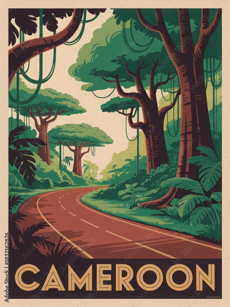 A winding road cuts through a dense forest in Cameroon. Towering trees and thick foliage surround the path. The lush greenery creates a serene and inviting atmosphere.