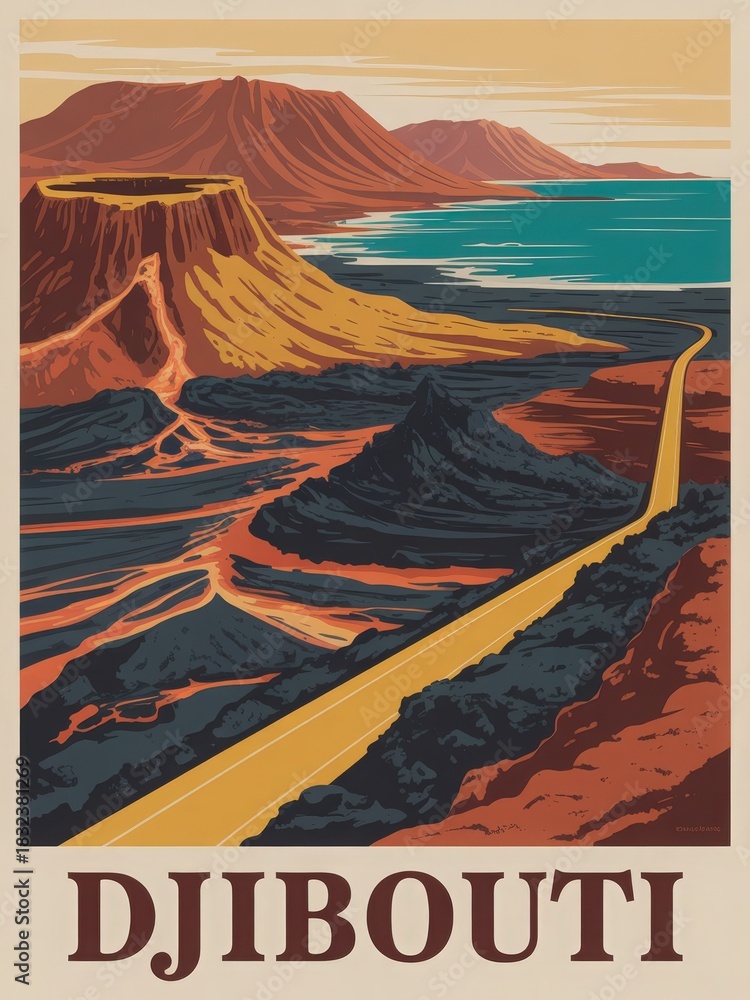 A winding road extends through breathtaking terrain in Djibouti. The striking cliffs and colorful landforms contrast with the turquoise sea in the background, creating a stunning visual.