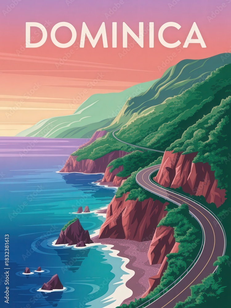 A winding road hugs the dramatic cliffs of Dominica, meeting the tranquil blue waters. The vibrant sunset paints the sky with warm colors, creating a peaceful and picturesque scene.