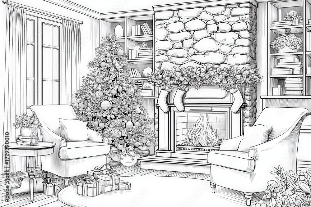 A winter living room features a beautifully decorated Christmas tree, presents under it, and a cozy fireplace.