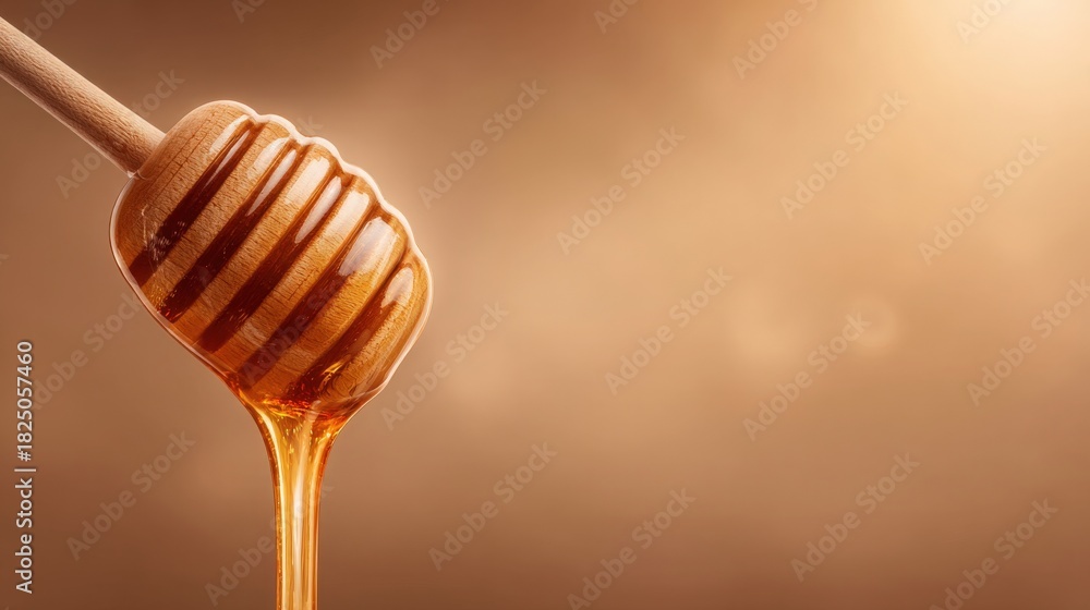 A wooden dipper holds golden honey as it drips slowly. The background features a warm, soft glow that highlights the texture and richness of the honey, creating an inviting atmosphere.