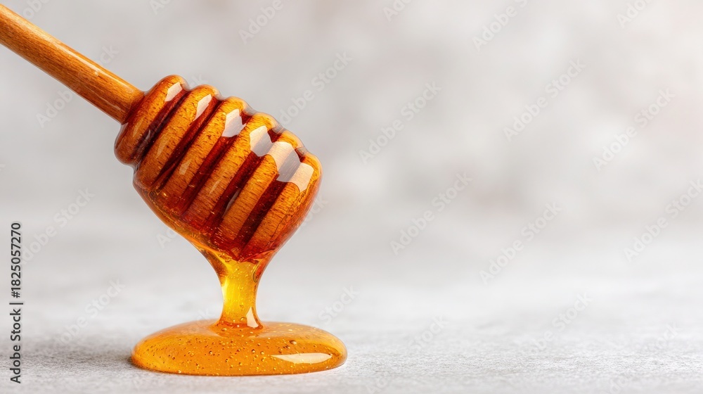A wooden dipper holds golden honey that drips slowly onto a light-colored surface. The warm hues of the honey contrast with the subtle background, creating an inviting scene.
