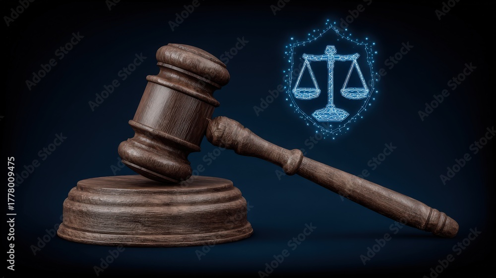 A wooden gavel is placed on a circular base against a dark background. Behind it, glowing scales of justice are depicted, symbolizing law and fairness.