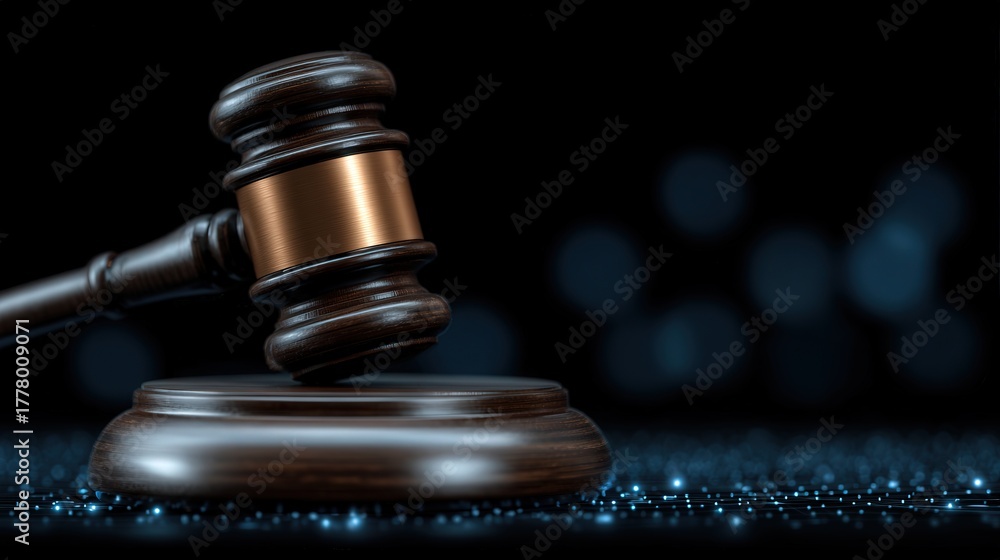 A wooden gavel rests on a circular base, surrounded by a soft blue light in the background. The scene emphasizes themes of justice and law. The dark setting enhances the focus on the gavel.