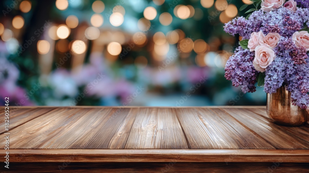 A wooden table is set against a blurred background of lights and flowers. A vase filled with fresh roses and lilacs adds color to the scene, creating a warm and inviting atmosphere.