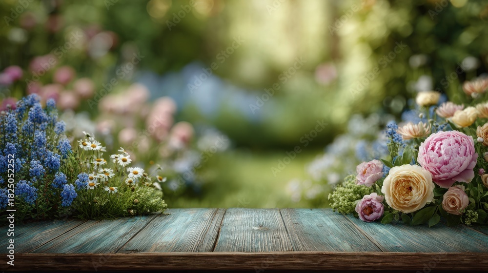 A wooden table stands in front of an array of vibrant flowers in a garden. Colorful blossoms create a lively atmosphere with a soft-focus background of greenery and light.