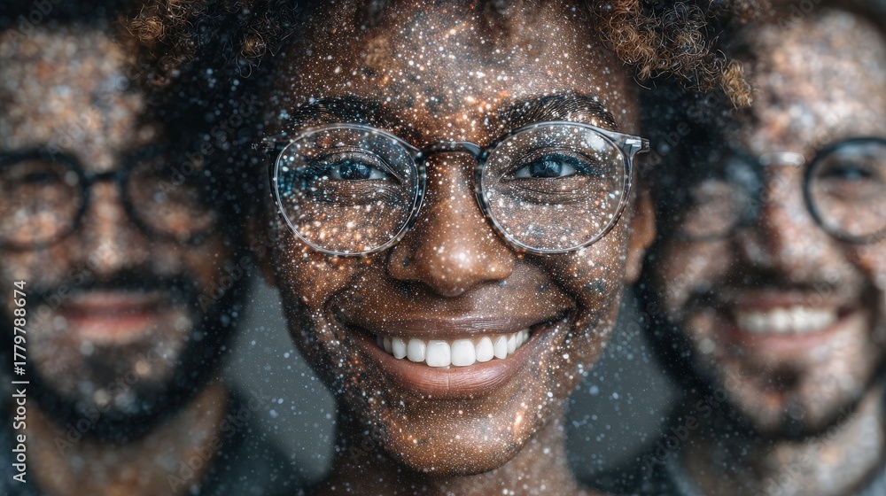 A young woman stands in the foreground, smiling brightly as cosmic designs blend with her features. Softly illuminated behind her are two men, creating an artistic and imaginative atmosphere.