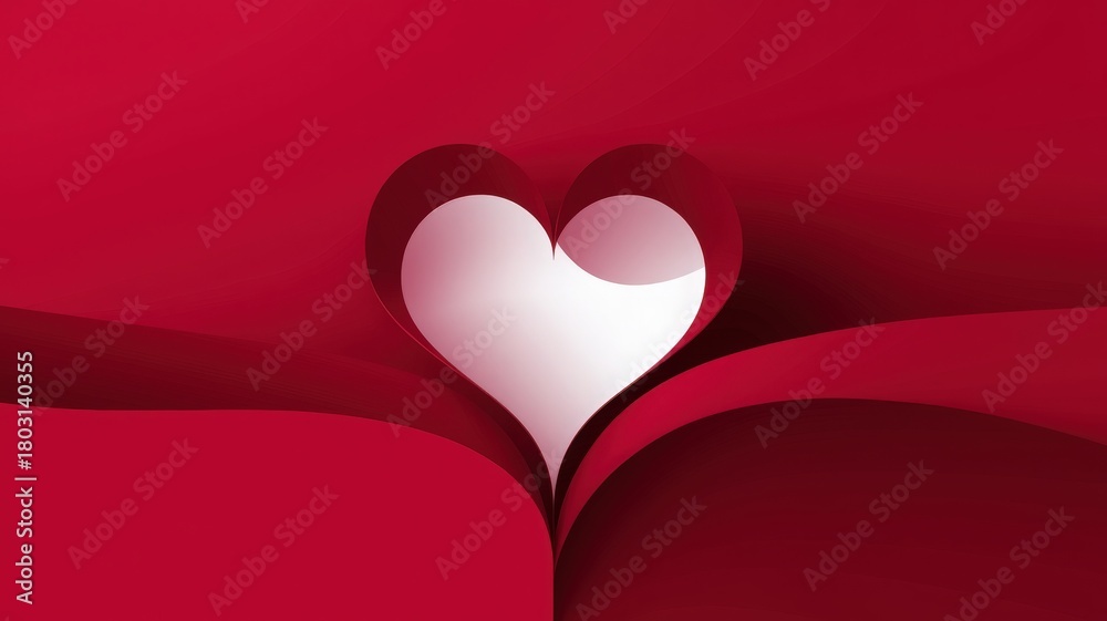 An elegant design showcases a heart shape crafted from layered paper, creating depth and shadow. The vibrant red background enhances the romantic and artistic feel of the composition.