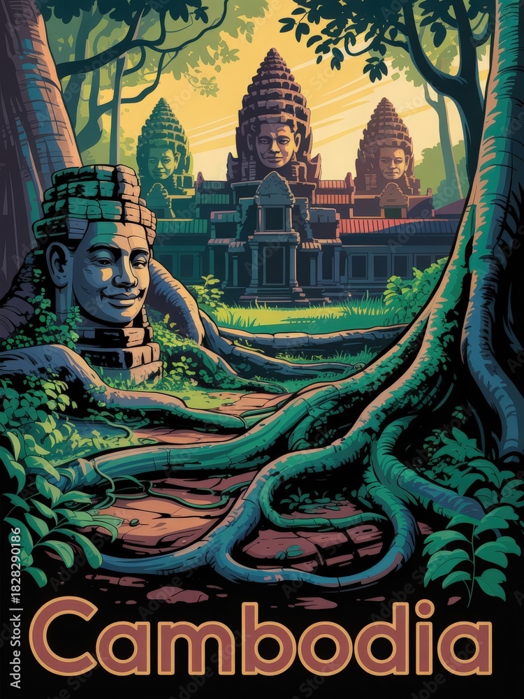 Ancient temple ruins emerge from lush greenery, showcasing detailed stone carvings and towering trees. Sunlight filters through foliage, creating a serene and mystical atmosphere in Cambodia.