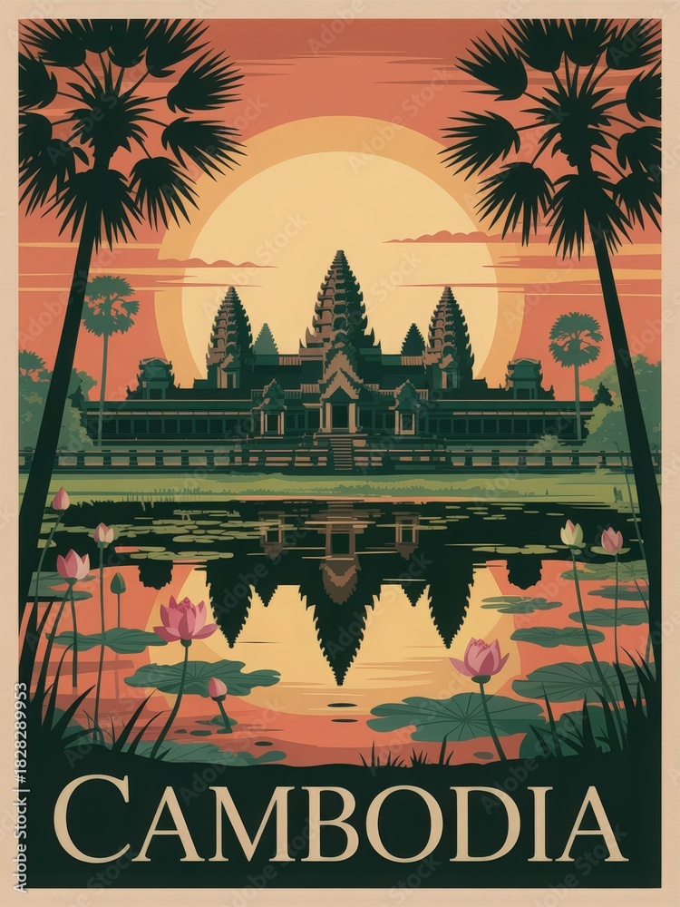 Angkor Wat stands majestically against a colorful sunset in Cambodia. Palm trees surround the historic temple, while lotus flowers float peacefully in the reflecting pond.