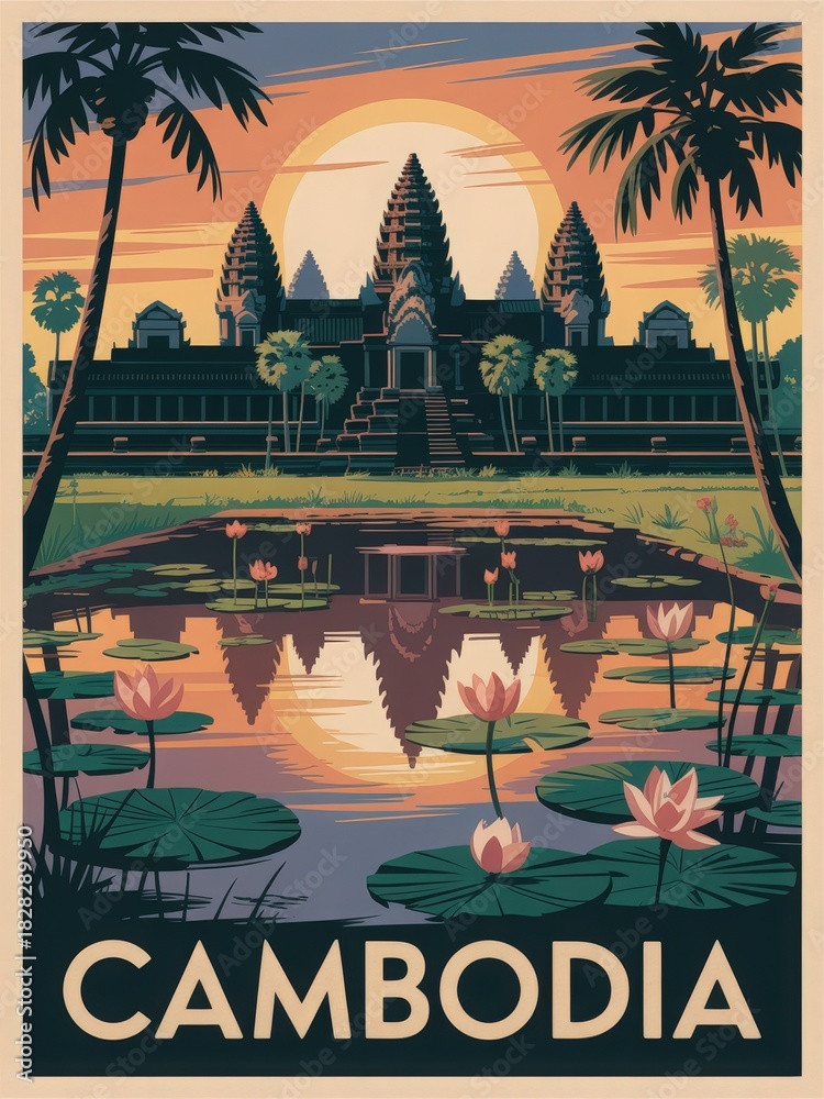 Angkor Wat stands majestically against a colorful sunset, surrounded by palm trees and lotus flowers in a serene pond. The reflections create a peaceful atmosphere in Cambodia.