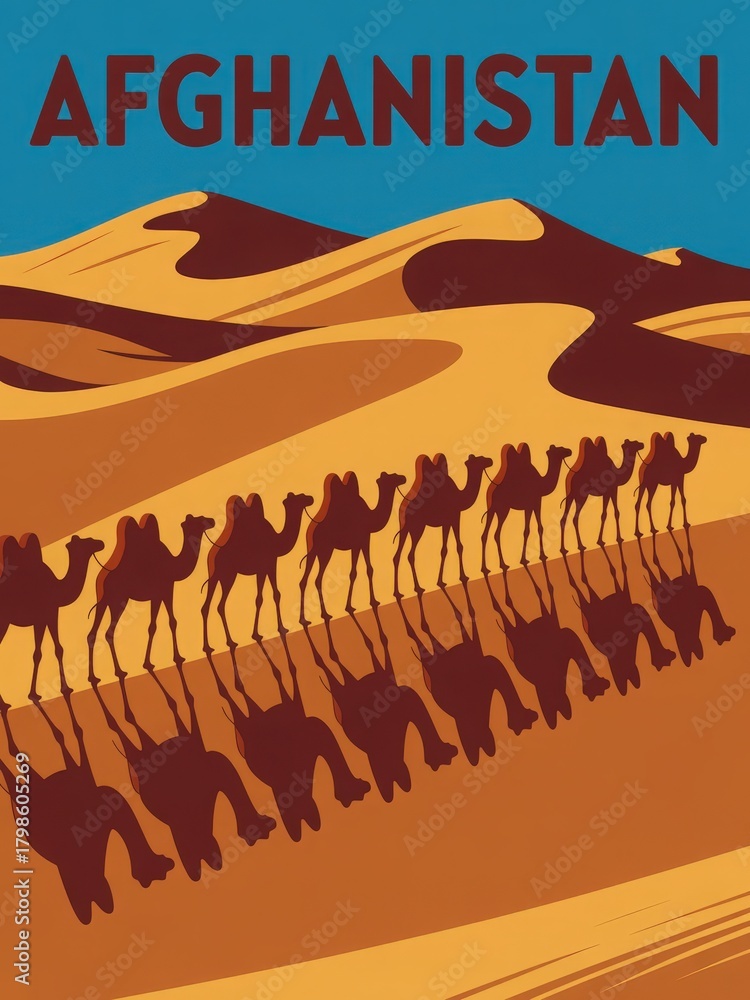 Bactrian camels march in a line across sunlit sand dunes in Afghanistan. The landscape features rolling dunes with warm shades of gold and brown, highlighting the desert environment.