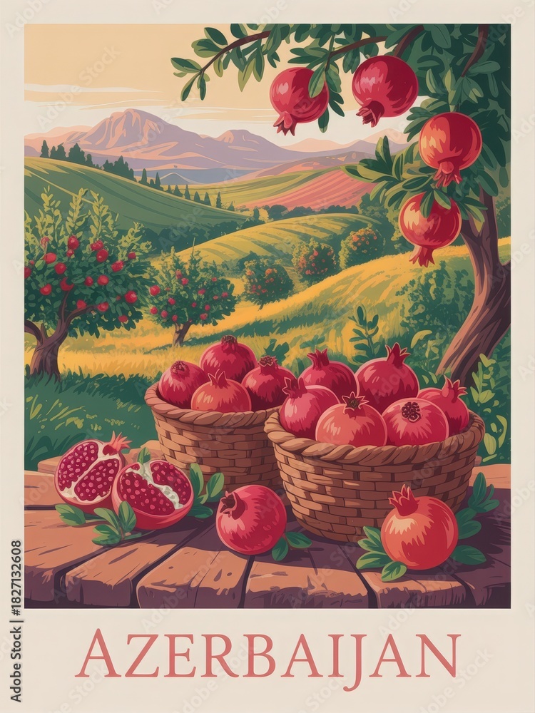 Baskets of ripe pomegranates sit on a wooden table. In the background, green hills and trees create a serene landscape typical of Azerbaijan during harvest season.