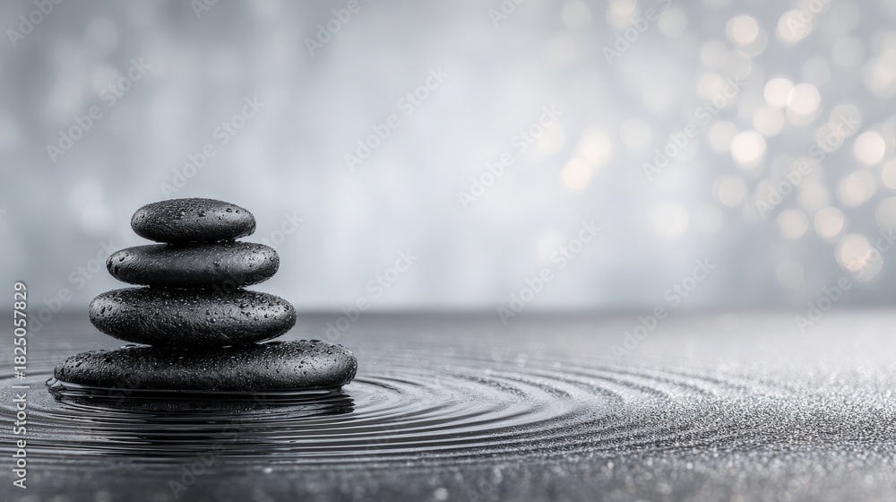 Black stones are carefully stacked on a still water surface, creating ripples that spread outward. The background features a gentle blur of light, enhancing the serene atmosphere.