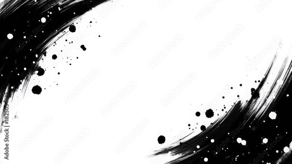 Bold black brush strokes sweep across a white background, creating an energetic and modern design. Splatters of paint add texture and contrast, making the artwork visually engaging.