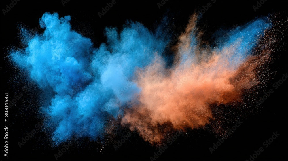 Bright blue and orange powder bursts fill the dark space, creating a striking visual spectacle. The clouds of color appear to dance together, adding energy to the scene.