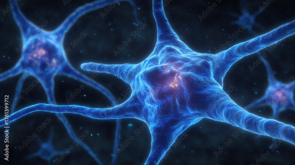 Bright blue neurons with intricate branching structures are shown against a dark background. These cells highlight the complex connections in the brain, illustrating neural communication and function.