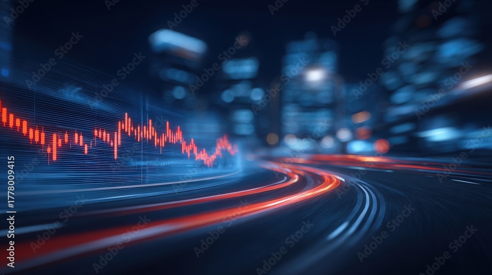 Bright city lights illuminate a dark urban landscape, while a vivid graph lines the road.