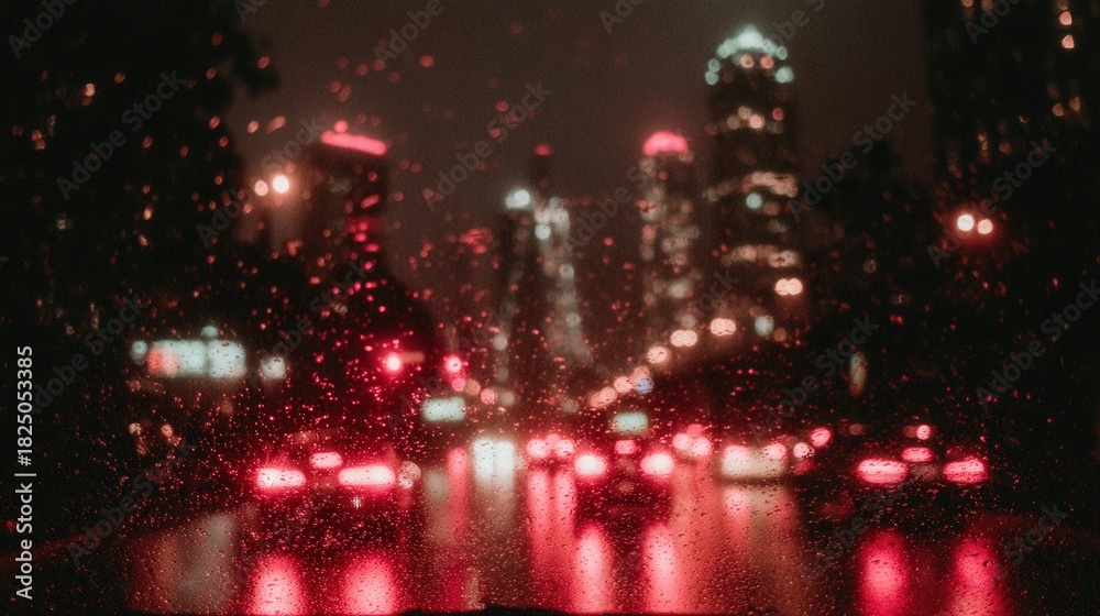 Bright city lights reflect off a rain-drenched windshield while cars move in the busy urban landscape. The scene captures the vibrant energy of the city during a rainy night.