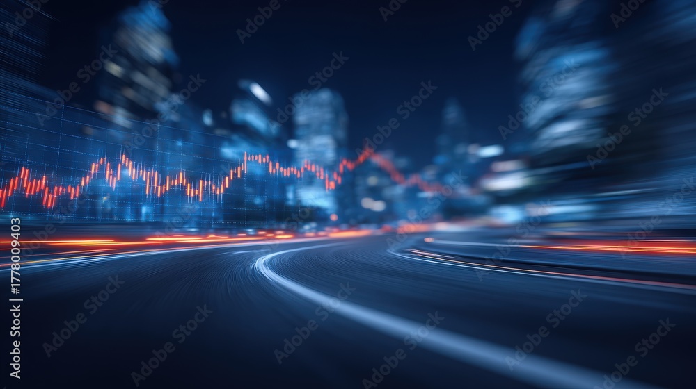 Bright city lights shine against a dark sky as traffic moves quickly along a curved road. A stock market graph overlays the scene, showing upward and downward trends in financial data.