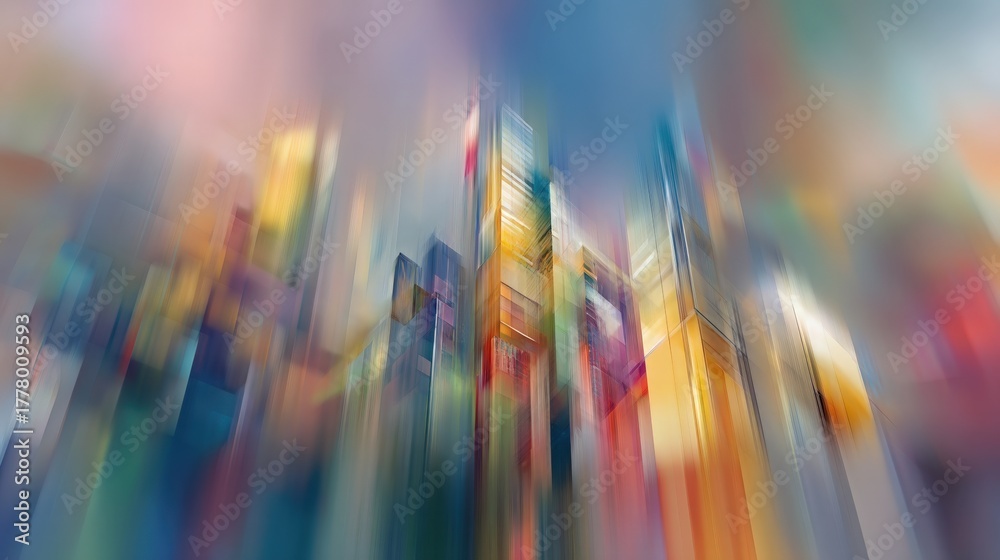 Bright colors blend together to create a lively cityscape. Skyscrapers stand tall against a soft, colorful sky during twilight. The scene evokes a sense of energy and vibrancy.