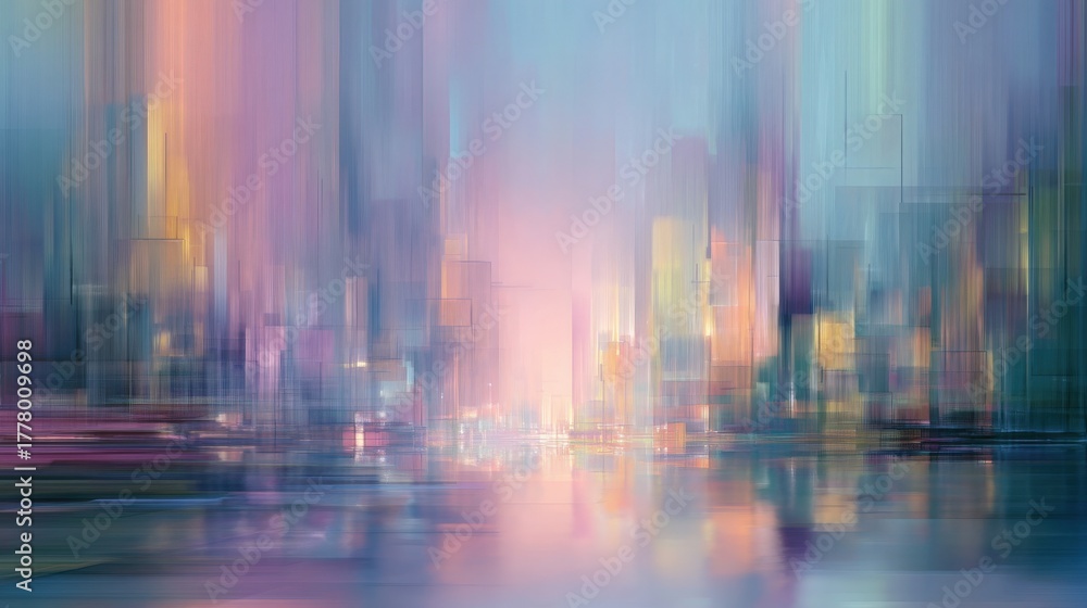 Bright colors merge in an abstract representation of a city skyline at dusk. Soft hues of pink, blue, and yellow create a dreamy atmosphere, reflecting off shimmering water.