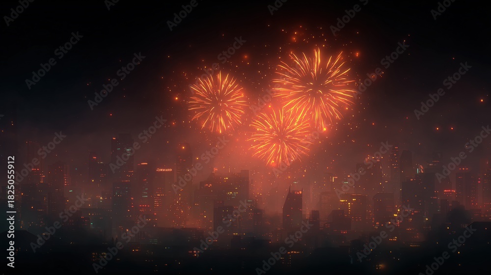 Bright fireworks burst in vibrant colors over a city skyline at night, creating a stunning display against dark skies. The buildings below spark with lights, adding to the festive atmosphere.