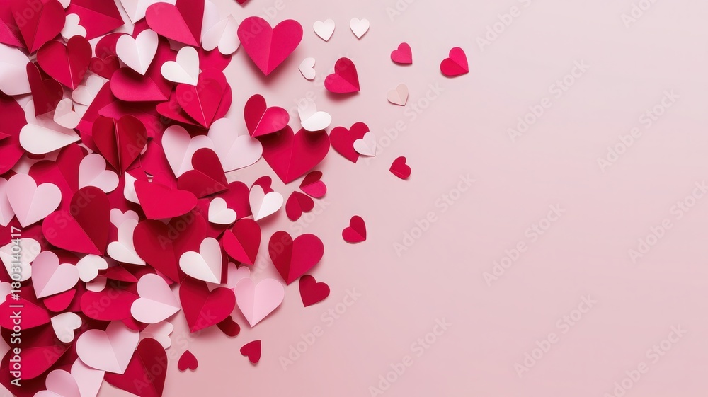 Bright red and white paper hearts are scattered across a soft pink background. These hearts create a cheerful atmosphere, perfect for celebrations or romantic occasions.