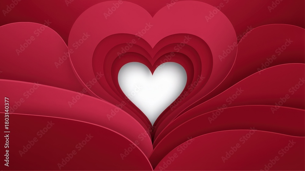 Bright red hearts form layered patterns, highlighting a central white heart. This vibrant design is perfect for romantic occasions or celebrations of love.