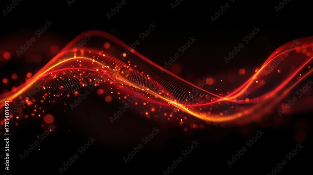 Bright red waves with glowing particles flow smoothly against a black backdrop, creating a mesmerizing visual effect that conveys energy and movement.