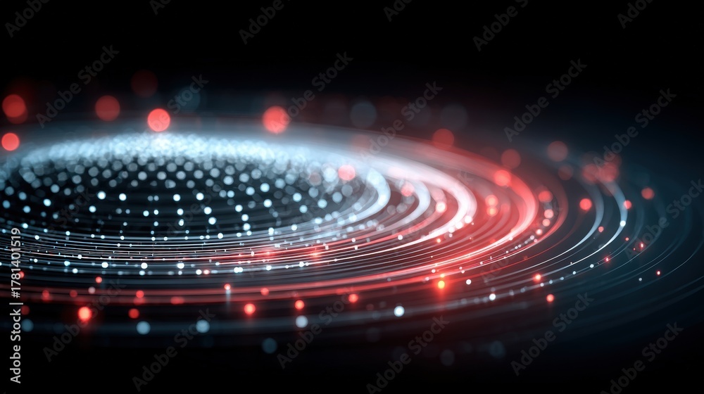 Bright swirling lights form a captivating abstract design. The scene features red and white dots creating circular patterns, set against a deep black backdrop, evoking a sense of motion and depth.