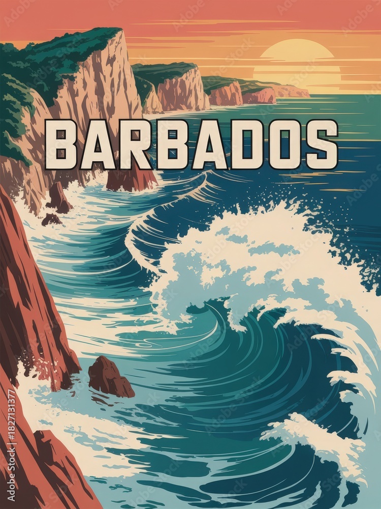Bright waves crash against rugged cliffs as the sun sets over Barbados. The vibrant colors reflect on the water, creating a stunning coastal scene. Natures beauty is on full display.