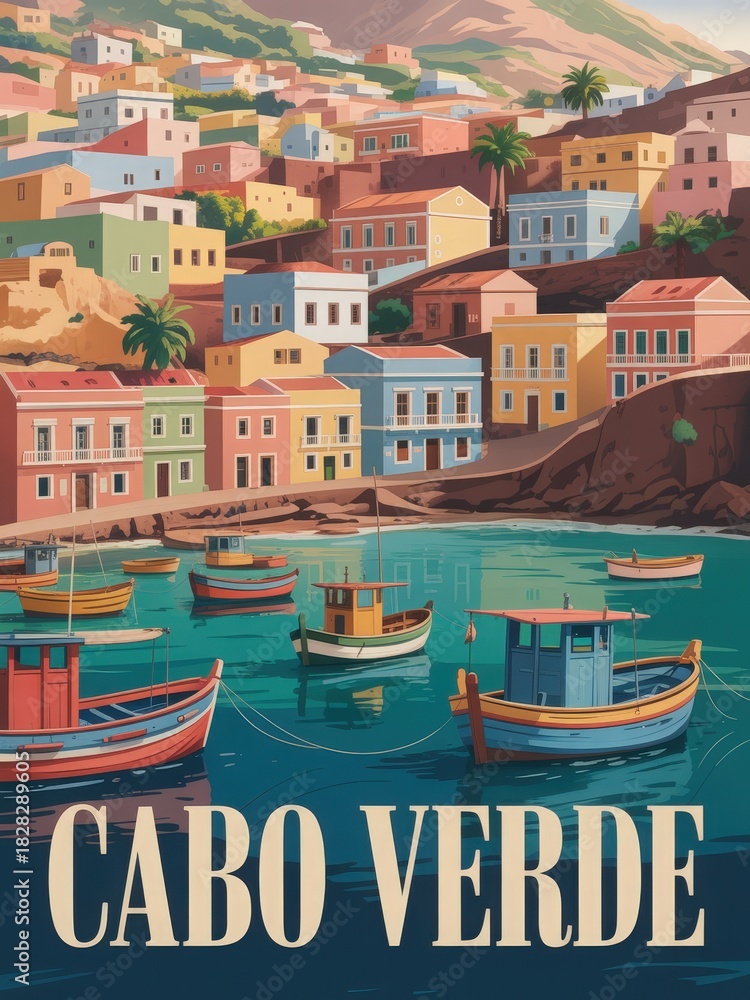 Brightly colored boats float in clear waters surrounded by hills dotted with colorful houses.