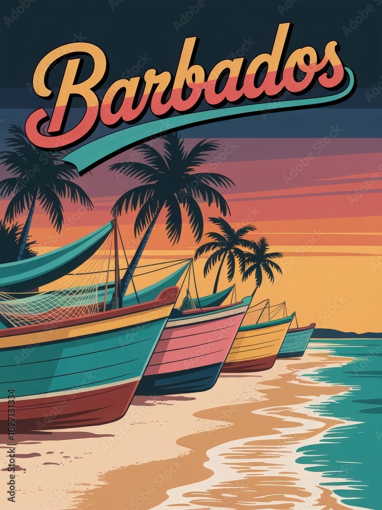 Brightly colored boats rest on the sandy beach in Barbados as the sun sets in a vibrant sky. Palm trees sway gently in the warm breeze, creating a relaxing tropical scene.