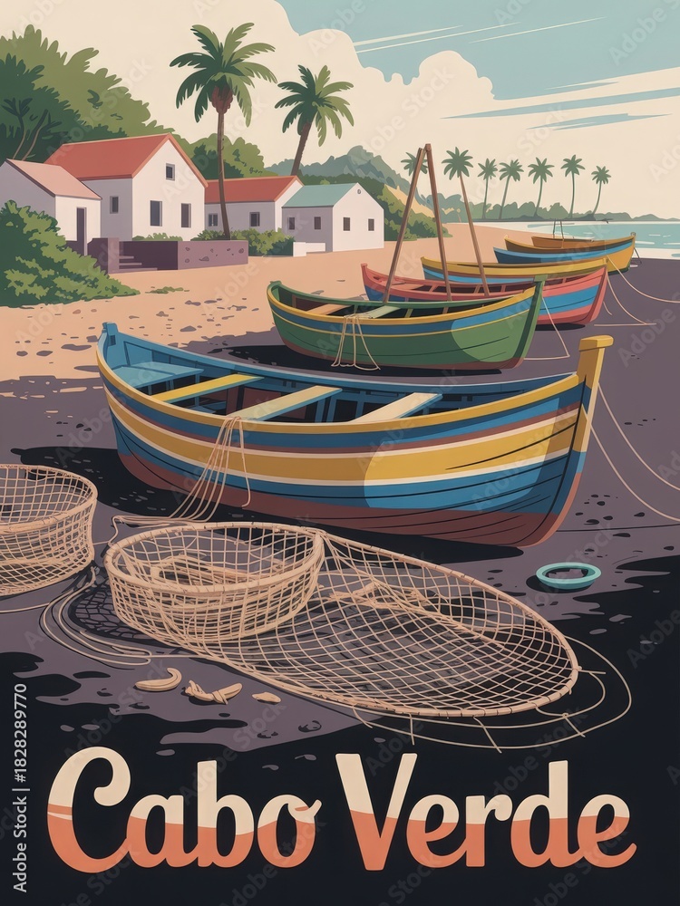 Brightly colored fishing boats rest on a sandy beach in Cabo Verde. Palm trees sway in the background near traditional white houses. The scene captures a peaceful coastal landscape at sunset.