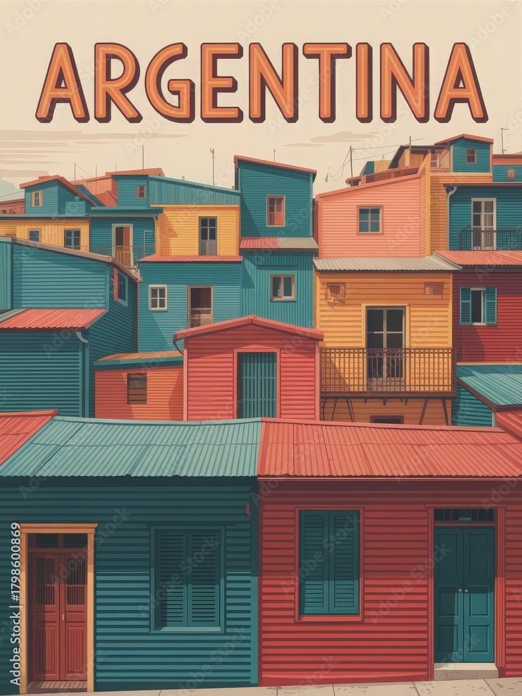 Brightly colored houses fill the view in La Boca, a lively neighborhood in Buenos Aires, Argentina. The charming architecture reflects the rich artistic culture and history of the area.