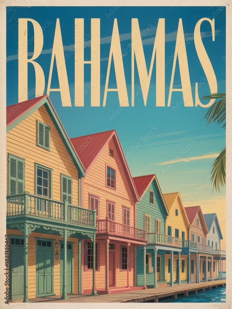 Brightly colored houses line a waterfront in the Bahamas, showcasing traditional Caribbean architecture. The scene captures a sunny day with clear skies over the calm waters.