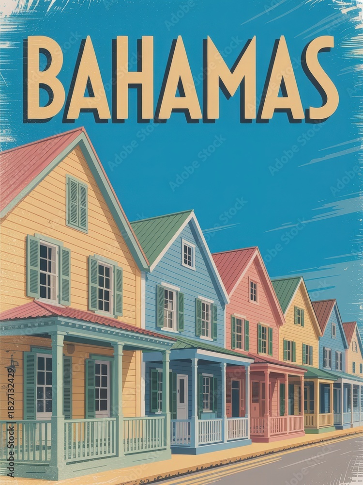 Brightly colored houses with porches line a street in the Bahamas. The vibrant buildings are set against a clear blue sky, showcasing island charm and tropical beauty.
