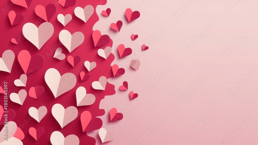Brightly colored paper hearts in various sizes float across a soft pink background. This design creates a lively atmosphere perfect for celebrations of love and friendship, like Valentines Day.